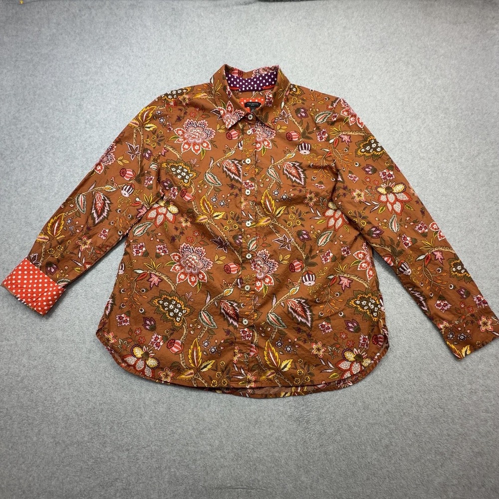 Talbots Shirt Women Petite Large Purple Brown Floral Long Sleeve Button Contrast